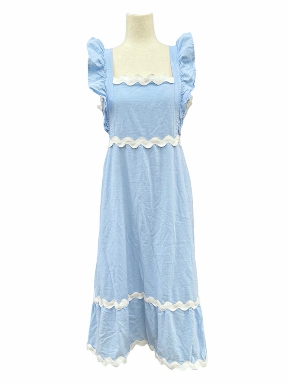 Zesica Classic Light Blue Ruffle Trim Midi Dress oversized rickrack smocked L